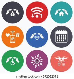 Wifi, mobile payments and drones icons. Hands insurance icons. Money bag savings insurance symbols. Disabled human help symbol. House property insurance sign. Calendar symbol.