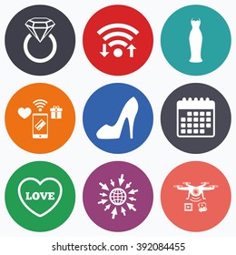 Wifi, mobile payments and drones icons. Wedding slim dress icon. Women's shoe and love heart symbols. Wedding or engagement day ring with diamond sign. Calendar symbol.
