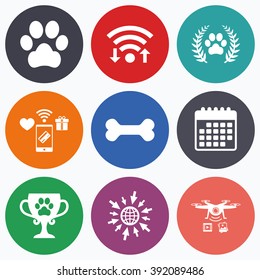 Wifi, mobile payments and drones icons. Pets icons. Dog paw sign. Winner laurel wreath and cup symbol. Pets food. Calendar symbol.