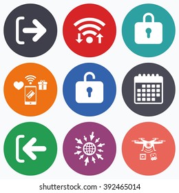 Wifi, mobile payments and drones icons. Login and Logout icons. Sign in or Sign out symbols. Lock icon. Calendar symbol.