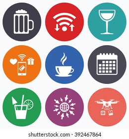 Wifi, mobile payments and drones icons. Drinks icons. Coffee cup and glass of beer symbols. Wine glass and cocktail signs. Calendar symbol.