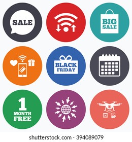Wifi, mobile payments and drones icons. Sale speech bubble icon. Black friday gift box symbol. Big sale shopping bag. First month free sign. Calendar symbol.