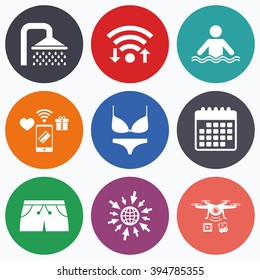 Wifi, mobile payments and drones icons. Swimming pool icons. Shower water drops and swimwear symbols. Human stands in sea waves sign. Trunks and women underwear. Calendar symbol.