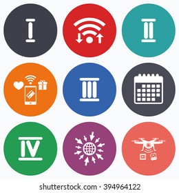 Wifi, mobile payments and drones icons. Roman numeral icons. 1, 2, 3 and 4 digit characters. Ancient Rome numeric system. Calendar symbol.