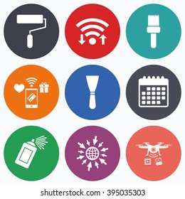 Wifi, mobile payments and drones icons. Paint roller, brush icons. Spray can and Spatula signs. Wall repair tool and painting symbol. Calendar symbol.