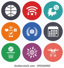 Wifi, mobile payments and drones icons. Basketball sport icons. Ball with basket and fireball signs. Laurel wreath symbol. Calendar symbol.