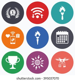 Wifi, mobile payments and drones icons. First place award cup icons. Laurel wreath sign. Torch fire flame symbol. Prize for winner. Calendar symbol.