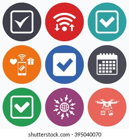 Wifi, mobile payments and drones icons. Check icons. Checkbox confirm squares sign symbols. Calendar symbol.