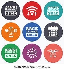 Wifi, mobile payments and drones icons. Back to school sale icons. Studies after the holidays signs. Pencil symbol. Calendar symbol.