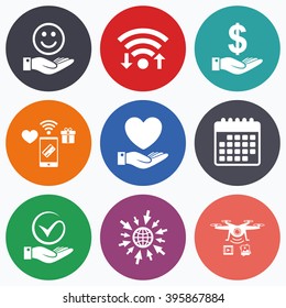 Wifi, mobile payments and drones icons. Smile and hand icon. Heart and Tick or Check symbol. Palm holds Dollar currency sign. Calendar symbol.