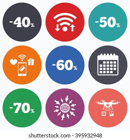 Wifi, mobile payments and drones icons. Sale discount icons. Special offer price signs. 40, 50, 60 and 70 percent off reduction symbols. Calendar symbol.