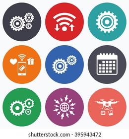 Wifi, mobile payments and drones icons. Cogwheel gear icons. Mechanism symbol. Website or App settings sign. Working process performance. Calendar symbol.