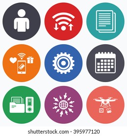 Wifi, mobile payments and drones icons. Accounting workflow icons. Human silhouette, cogwheel gear and documents folders signs symbols. Calendar symbol.