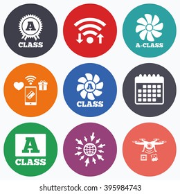 Wifi, mobile payments and drones icons. A-class award icon. A-class ventilation sign. Premium level symbols. Calendar symbol.