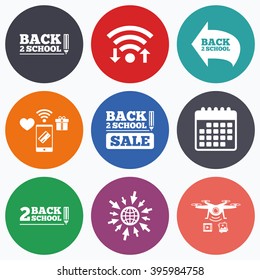 Wifi, mobile payments and drones icons. Back to school sale icons. Studies after the holidays signs. Pencil symbol. Calendar symbol.