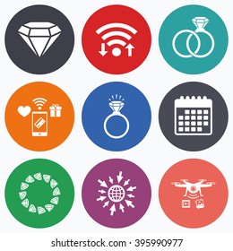 Wifi, mobile payments and drones icons. Rings icons. Jewelry with shine diamond signs. Wedding or engagement symbols. Calendar symbol.
