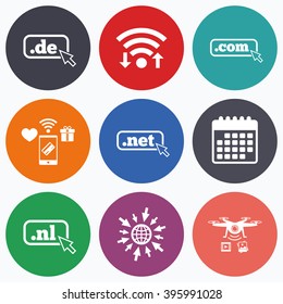 Wifi, mobile payments and drones icons. Top-level internet domain icons. De, Com, Net and Nl symbols with cursor pointer. Unique national DNS names. Calendar symbol.