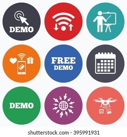Wifi, mobile payments and drones icons. Demo with cursor icon. Presentation billboard sign. Man standing with pointer symbol. Calendar symbol.