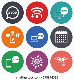 Wifi, mobile payments and drones icons. BYOD icons. Notebook and smartphone signs. Speech bubble symbol. Calendar symbol.