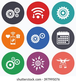 Wifi, mobile payments and drones icons. Cogwheel gear icons. Mechanism symbol. Website or App settings sign. Working process performance. Calendar symbol.