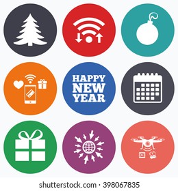 Wifi, mobile payments and drones icons. Happy new year icon. Christmas tree and gift box sign symbols. Calendar symbol.