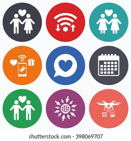 Wifi, mobile payments and drones icons. Couple love icon. Lesbian and Gay lovers signs. Romantic homosexual relationships. Speech bubble with heart symbol. Calendar symbol.