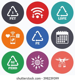 Wifi, mobile payments and drones icons. PET, Ld-pe and Hd-pe icons. High-density Polyethylene terephthalate sign. Recycling symbol. Calendar symbol.