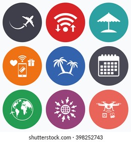 Wifi, mobile payments and drones icons. Travel trip icon. Airplane, world globe symbols. Palm tree and Beach umbrella signs. Calendar symbol.