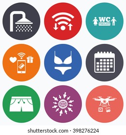 Wifi, mobile payments and drones icons. Swimming pool icons. Shower water drops and swimwear symbols. WC Toilet sign. Trunks and women underwear. Calendar symbol.