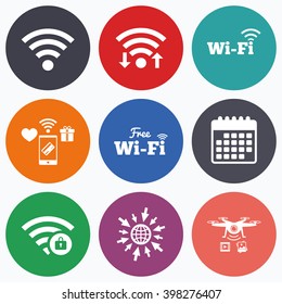 Wifi, mobile payments and drones icons. Free Wifi Wireless Network icons. Wi-fi zone locked symbols. Password protected Wi-fi sign. Calendar symbol.
