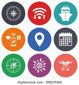 Wifi, mobile payments and drones icons. Windrose navigation compass icons. Shipping delivery sign. Location map pointer symbol. Calendar symbol.