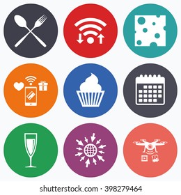 Wifi, mobile payments and drones icons. Food icons. Muffin cupcake symbol. Fork and spoon sign. Glass of champagne or wine. Slice of cheese. Calendar symbol.