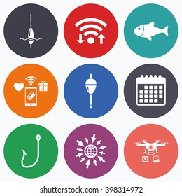 Wifi, mobile payments and drones icons. Fishing icons. Fish with fishermen hook sign. Float bobber symbol. Calendar symbol.
