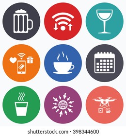 Wifi, mobile payments and drones icons. Drinks icons. Coffee cup and glass of beer symbols. Wine glass sign. Calendar symbol.