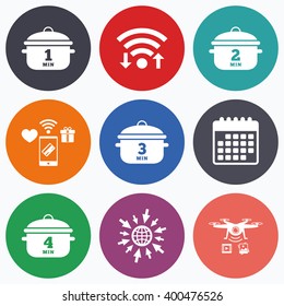 Wifi, mobile payments and drones icons. Cooking pan icons. Boil 1, 2, 3 and 4 minutes signs. Stew food symbol. Calendar symbol.
