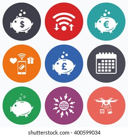 Wifi, mobile payments and drones icons. Piggy bank icons. Dollar, Euro and Pound moneybox signs. Cash coin money symbols. Calendar symbol.