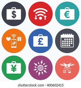 Wifi, mobile payments and drones icons. Businessman case icons. Cash money diplomat signs. Dollar, euro and pound symbols. Calendar symbol.