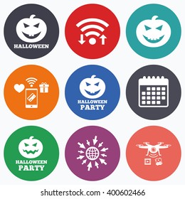 Wifi, mobile payments and drones icons. Halloween pumpkin icons. Halloween party sign symbol. All Hallows Day celebration. Calendar symbol.