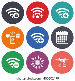 Wifi, mobile payments and drones icons. Wifi Wireless Network icons. Wi-fi zone add or remove symbols. Favorite star sign. Password protected Wi-fi. Calendar symbol.