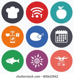 Wifi, mobile payments and drones icons. Food icons. Apple fruit with leaf symbol. Chicken hen bird meat sign. Fish and Chef hat icons. Calendar symbol.