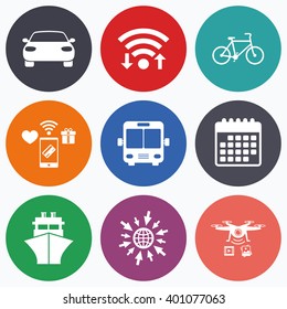 Wifi, mobile payments and drones icons. Transport icons. Car, Bicycle, Public bus and Ship signs. Shipping delivery symbol. Family vehicle sign. Calendar symbol.