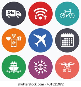 Wifi, mobile payments and drones icons. Cargo truck and shipping icons. Shipping and eco bicycle delivery signs. Transport symbols. 24h service. Calendar symbol.