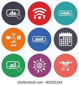 Wifi, mobile payments and drones icons. Top-level internet domain icons. De, Com, Net and Nl symbols with hand pointer. Unique national DNS names. Calendar symbol.