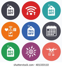 Wifi, mobile payments and drones icons. Sale price tag icons. Discount special offer symbols. 50%, 60%, 70% and 80% percent off signs. Calendar symbol.