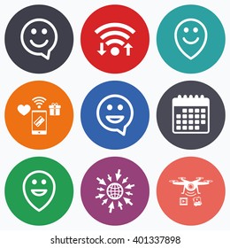 Wifi, mobile payments and drones icons. Happy face speech bubble icons. Smile sign. Map pointer symbols. Calendar symbol.