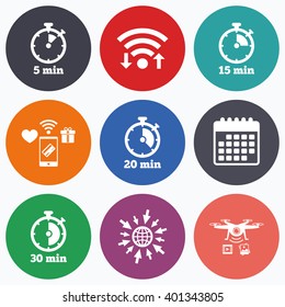 Wifi, mobile payments and drones icons. Timer icons. 5, 15, 20 and 30 minutes stopwatch symbols. Calendar symbol.