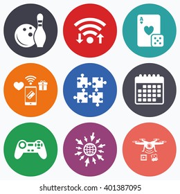 Wifi, mobile payments and drones icons. Bowling and Casino icons. Video game joystick and playing card with puzzles pieces symbols. Entertainment signs. Calendar symbol.