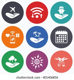 Wifi, mobile payments and drones icons. Helping hands icons. Travel flight or shipping insurance symbol. Palm tree sign. Save nature forest. Calendar symbol.