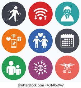 Wifi, mobile payments and drones icons. Businessman person icon. Group of people symbol. Man love Woman or Lovers sign. Caution slippery. Calendar symbol.