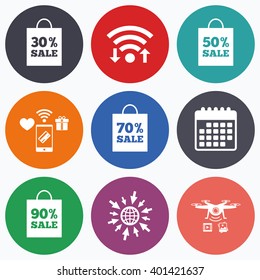 Wifi, mobile payments and drones icons. Sale bag tag icons. Discount special offer symbols. 30%, 50%, 70% and 90% percent sale signs. Calendar symbol.